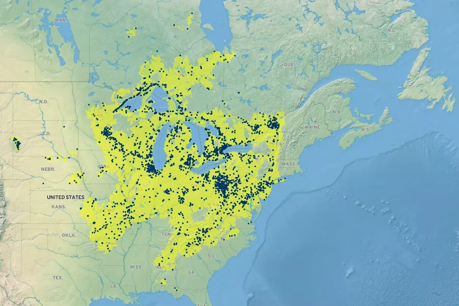 Physocarpus opulifolius Native Range