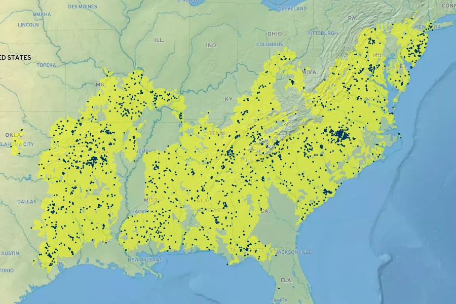 Pinus echinata Native Range