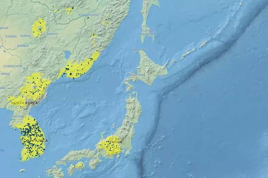 Pinus koraiensis Native Range