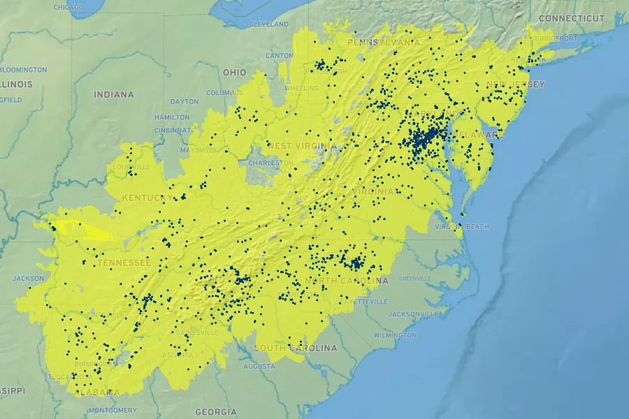 Pinus virginiana Native Range