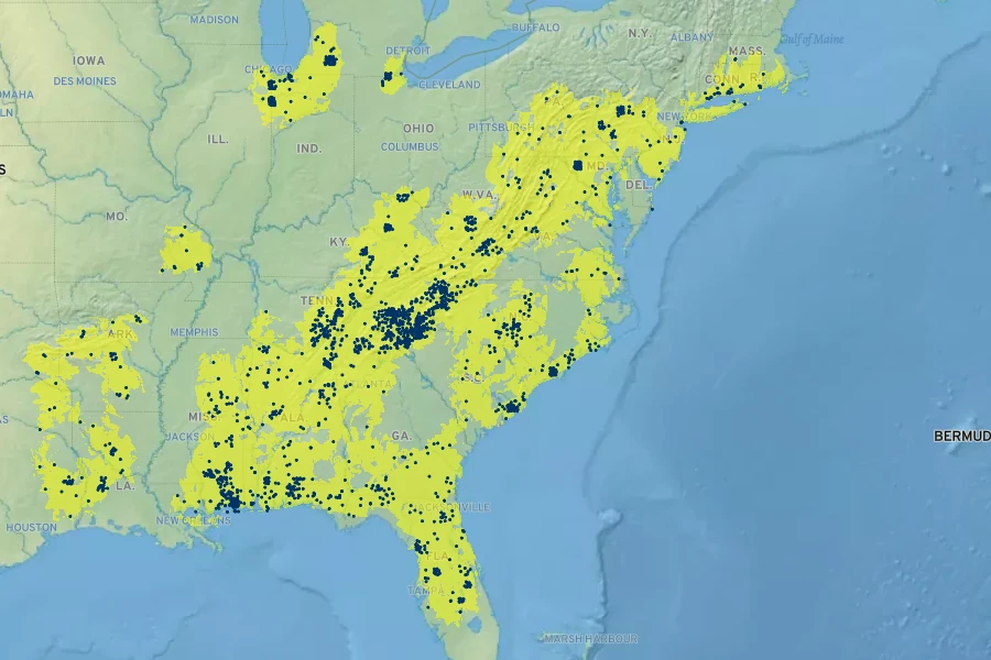 Platanthera ciliaris Native Range