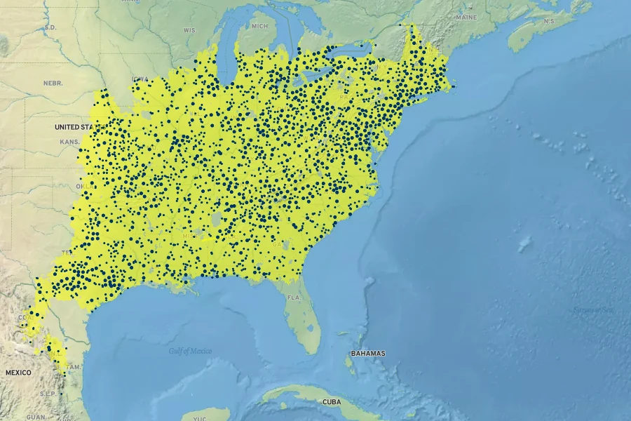 Platanus occidentalis Native Range