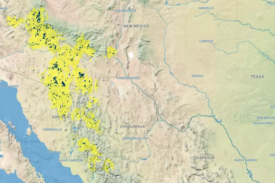 Platanus wrightii Native Range