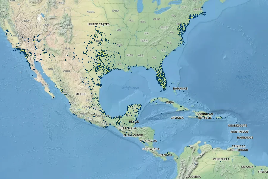 Pluchea odorata Native Range