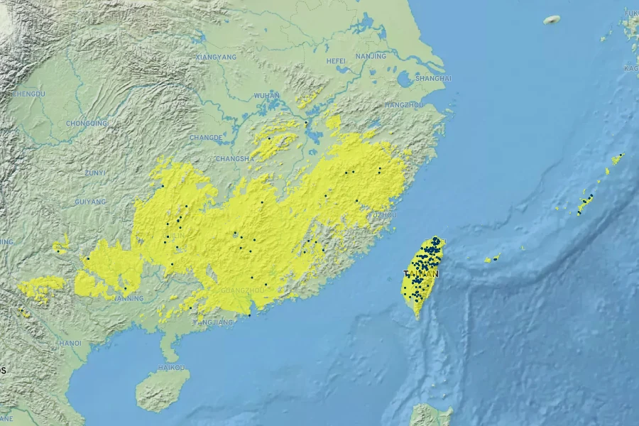 Prunus campanulata Native Range
