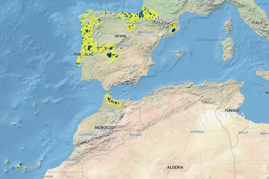 Prunus lusitanica Native Range