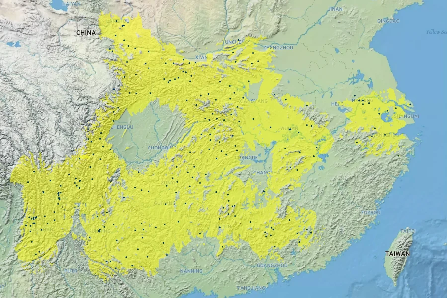 Prunus salicina Native Range