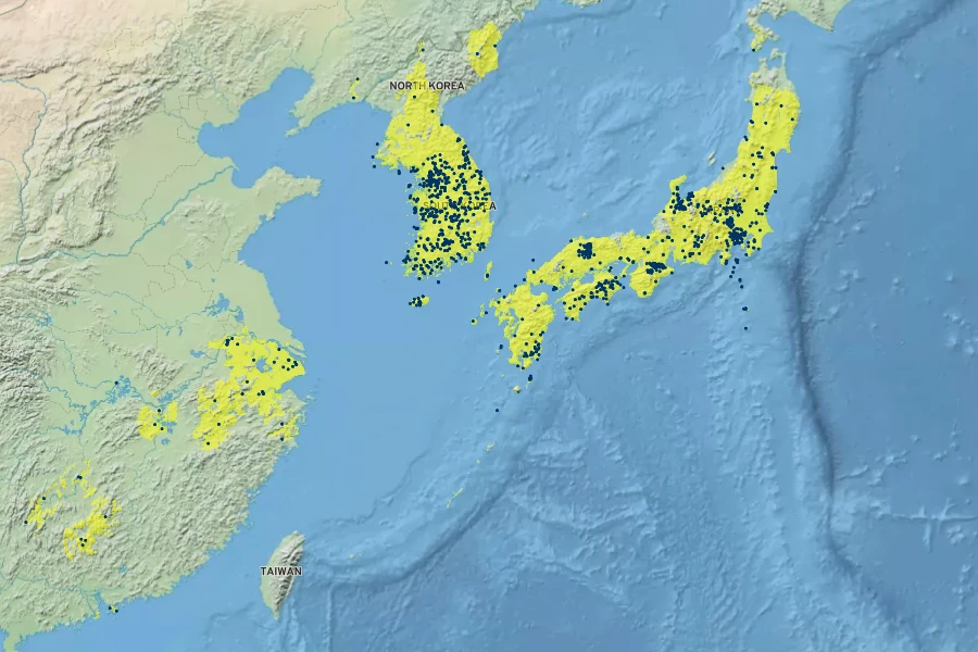 Prunus serrulata Native Range