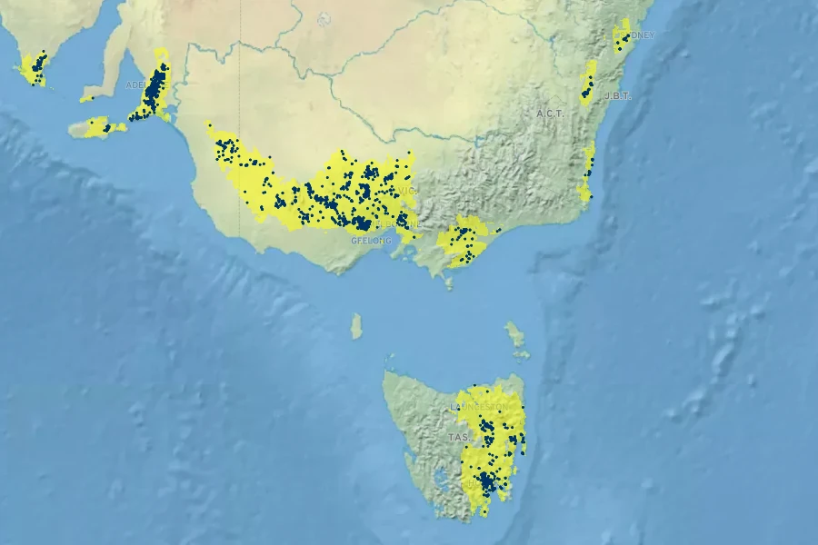 Pultenaea pedunculata Native Range
