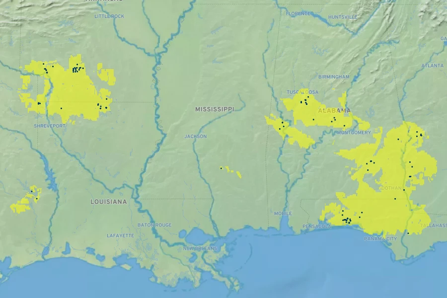 Quercus arkansana Native Range