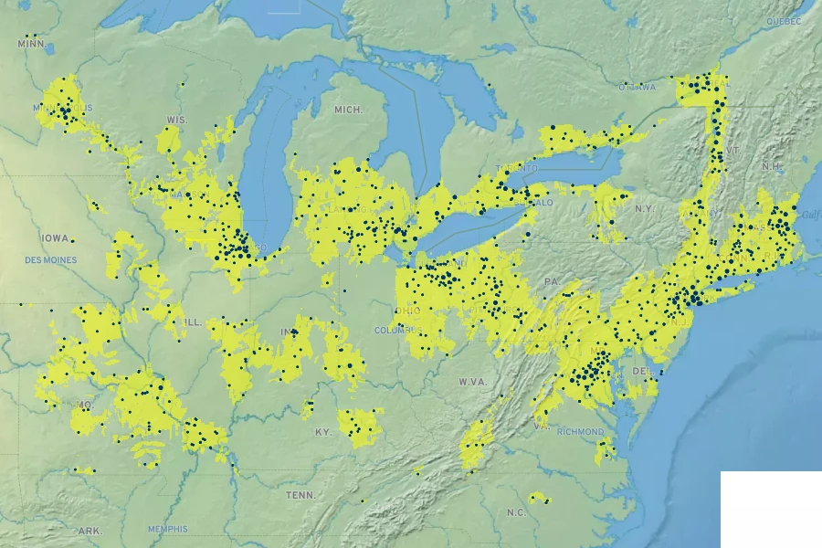 Quercus bicolor Native Range