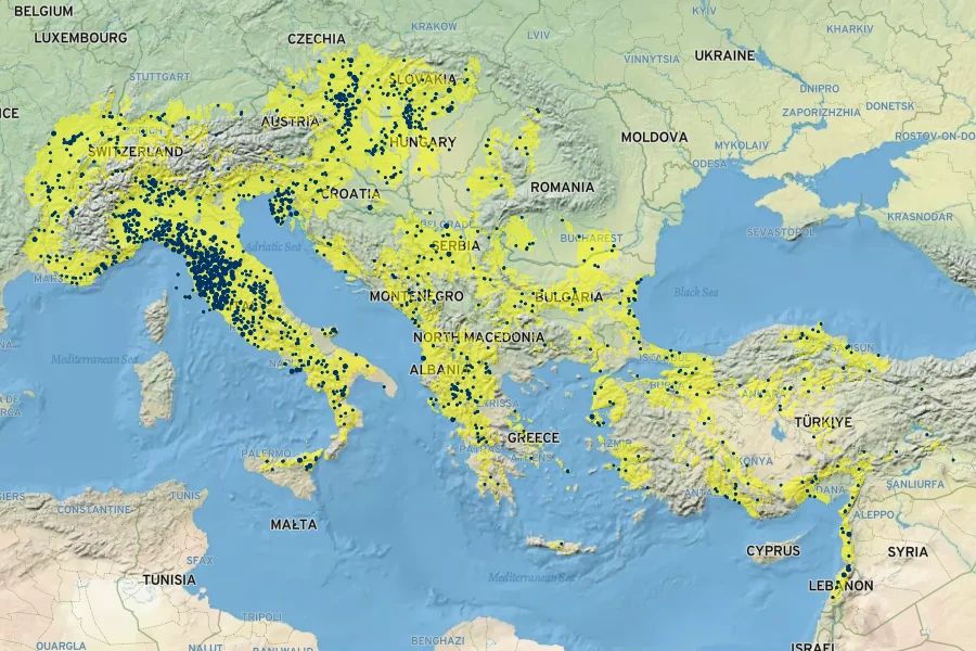 Quercus cerris Native Range