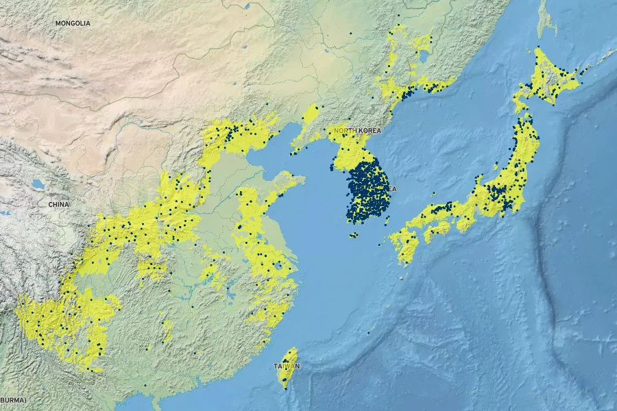 Quercus dentata Native Range