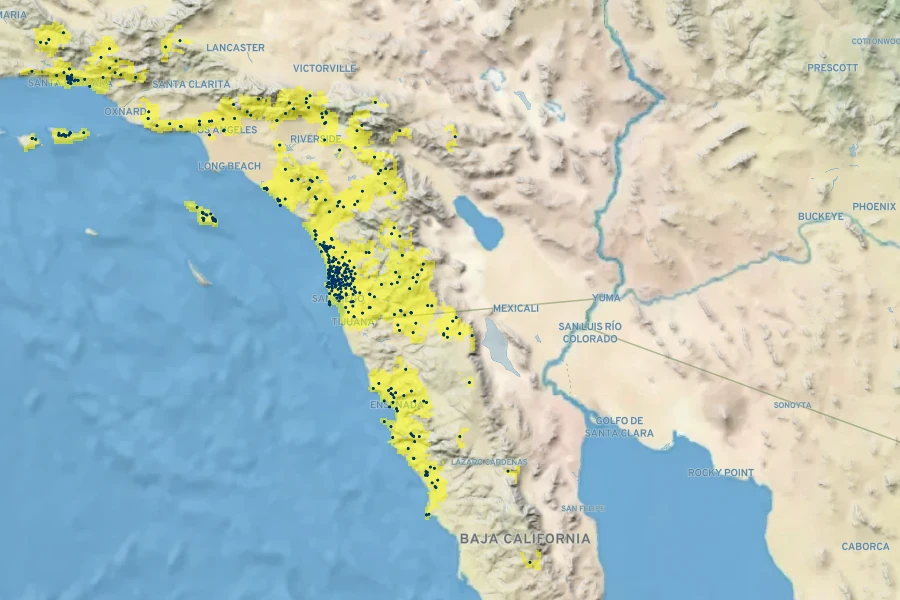 Quercus dumosa Native Range