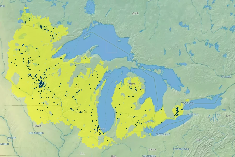 Quercus ellipsoidalis Native Range