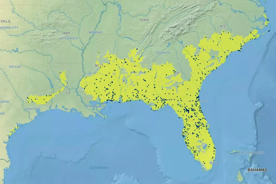 Quercus hemisphaerica Native Range