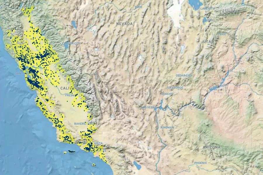 Quercus lobata Native Range