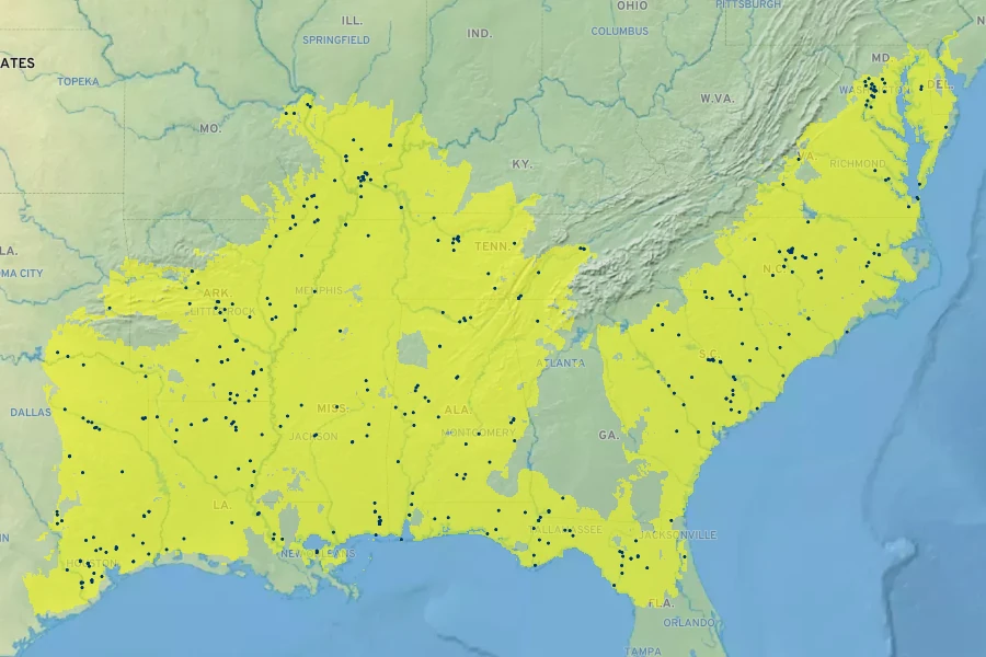 Quercus lyrata Native Range
