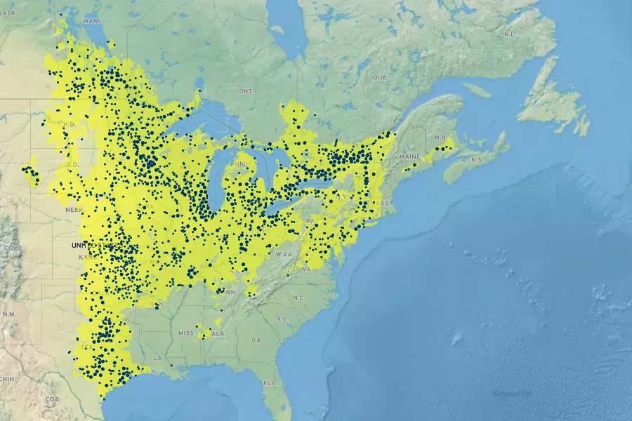 Quercus macrocarpa Native Range