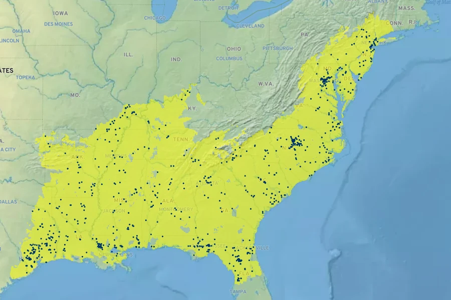Quercus michauxii Native Range