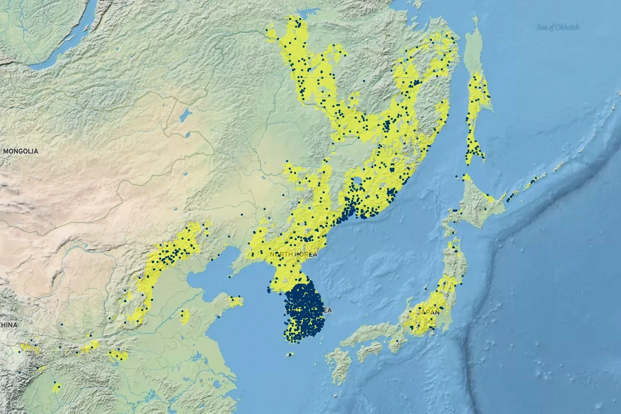 Quercus mongolica Native Range