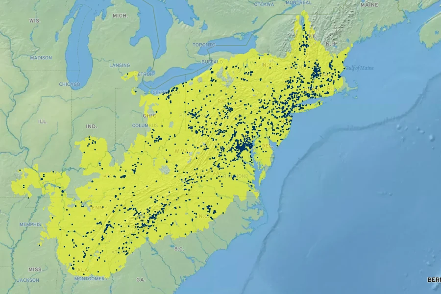 Quercus montana Native Range