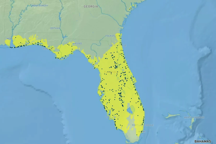 Quercus myrtifolia Native Range