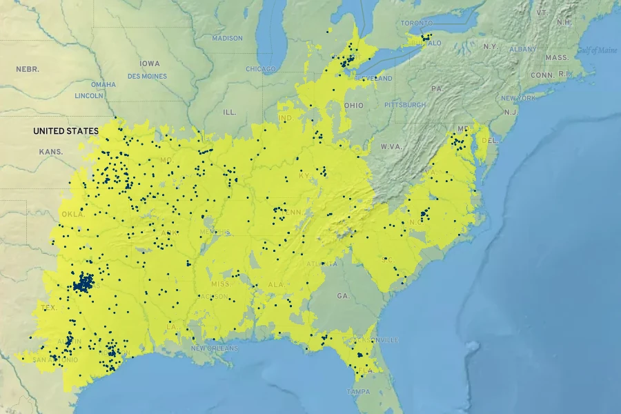 Quercus shumardii Native Range