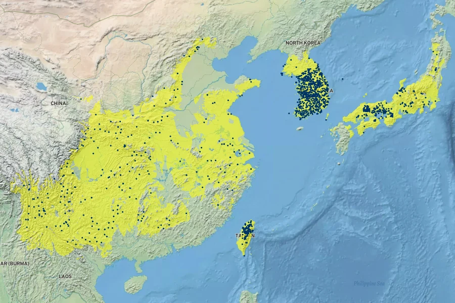 Quercus variabilis Native Range