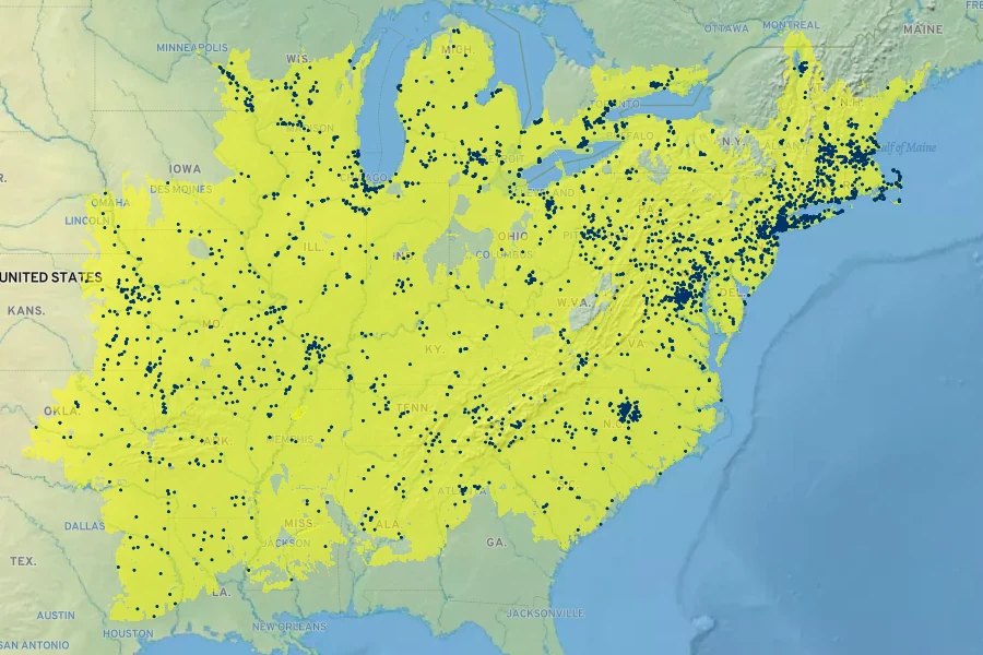 Quercus velutina Native Range