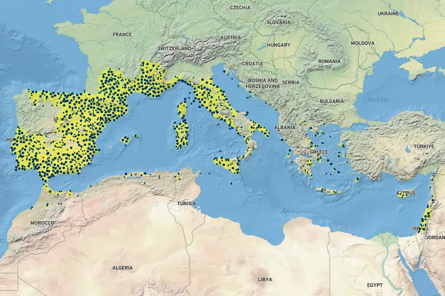 Rhamnus alaternus Native Range