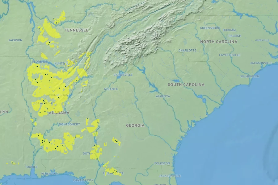 Rhododendron alabamense Native Range