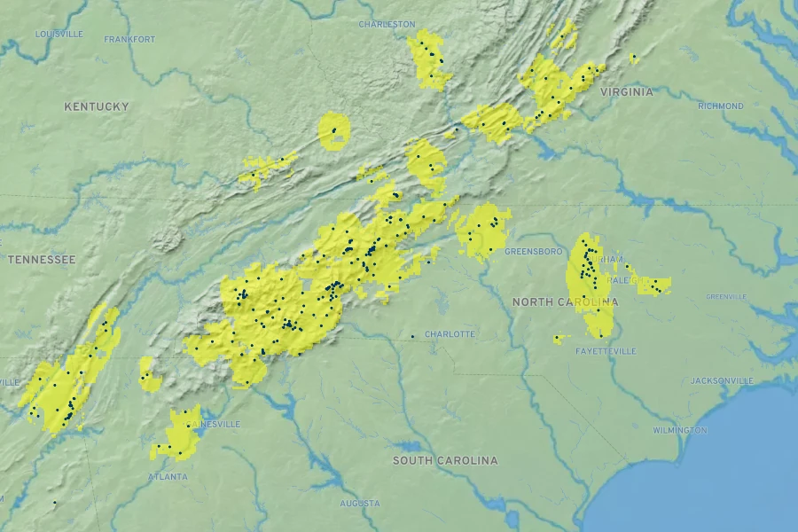Rhododendron catawbiense Native Range