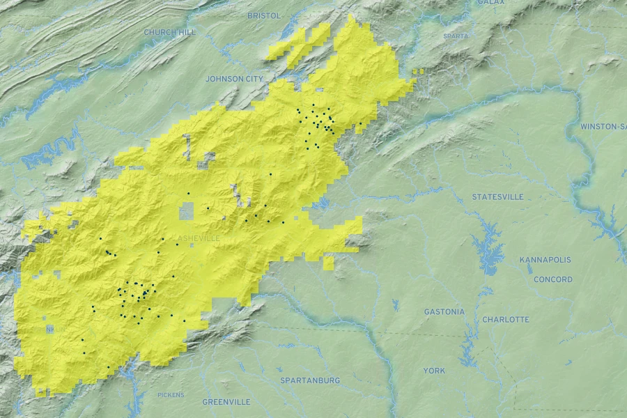 Rhododendron vaseyi Native Range