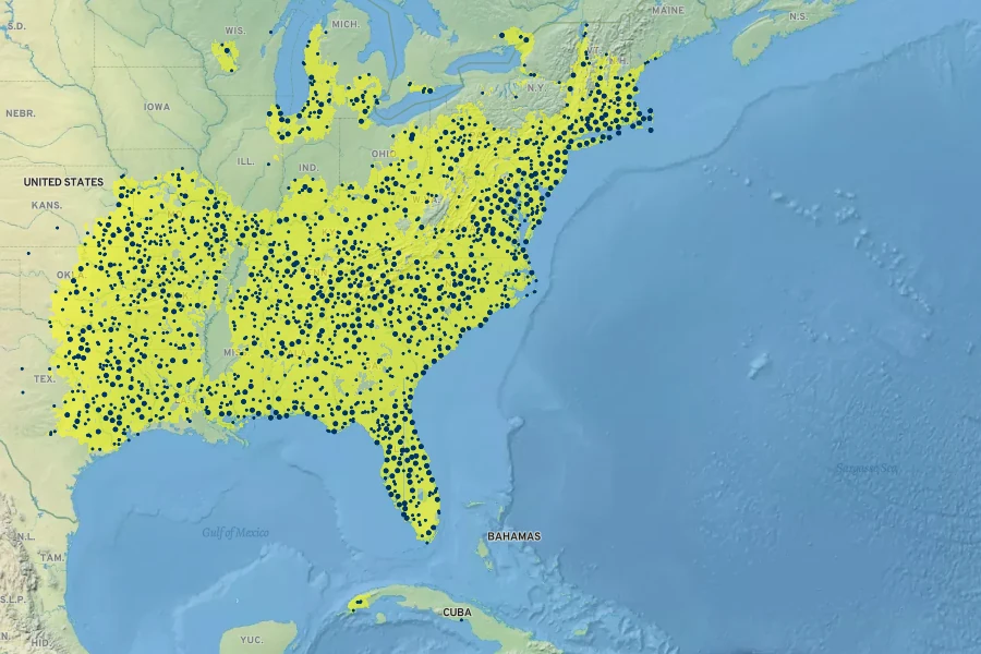 Rhus copallina Native Range