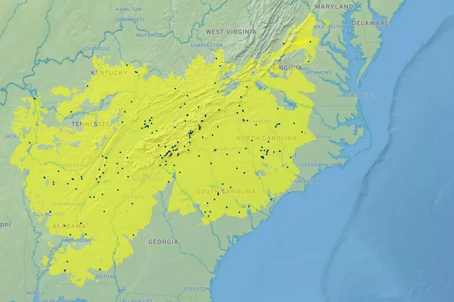 Robinia hispida Native Range