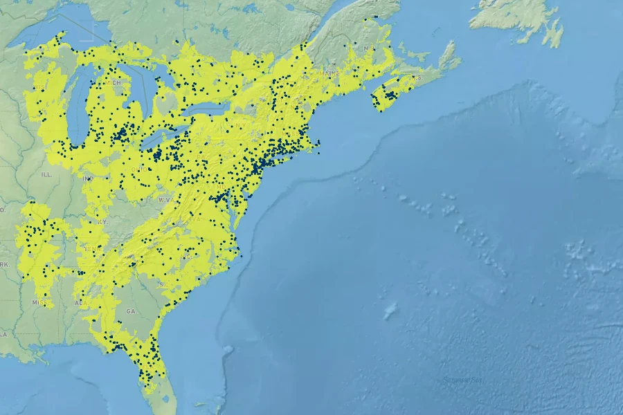 Rosa palustris Native Range