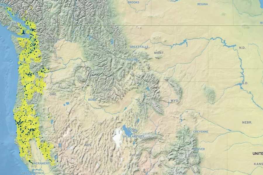 Rosa pisocarpa Native Range