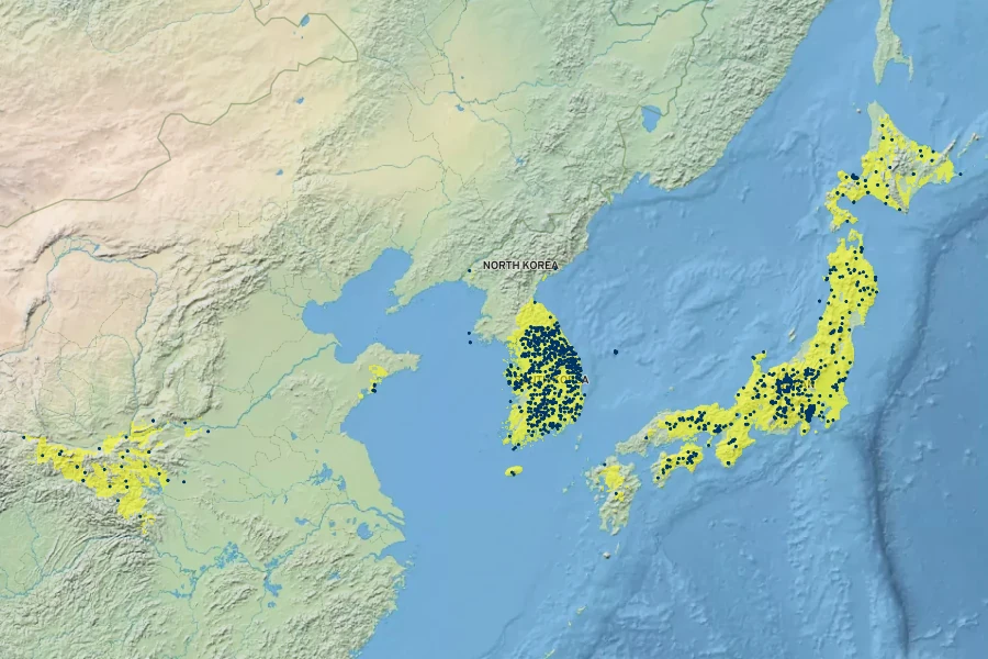 Rubus phoenicolasius Native Range