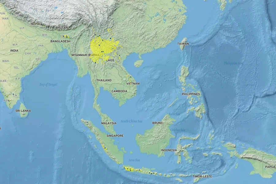 Sarcococca coriacea Native Range