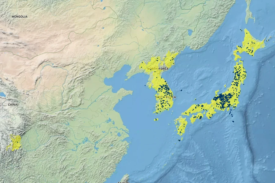 Saxifraga fortunei Native Range
