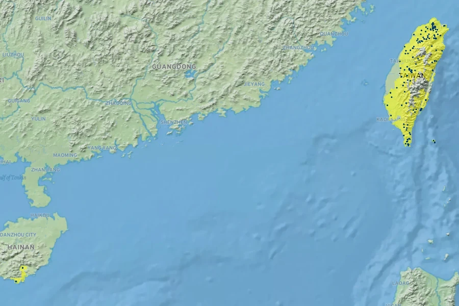 Schefflera arboricola Native Range