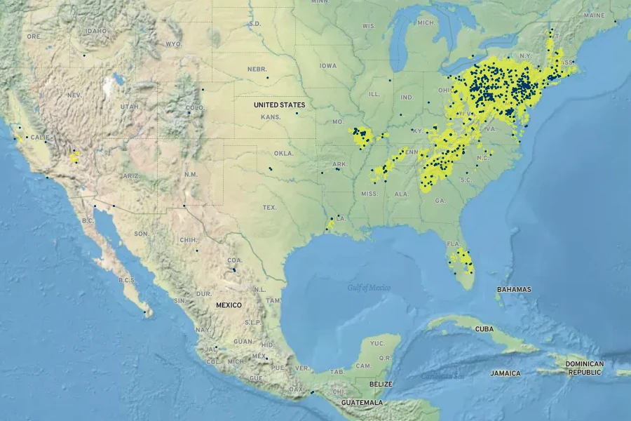 Scirpus polyphyllus Native Range