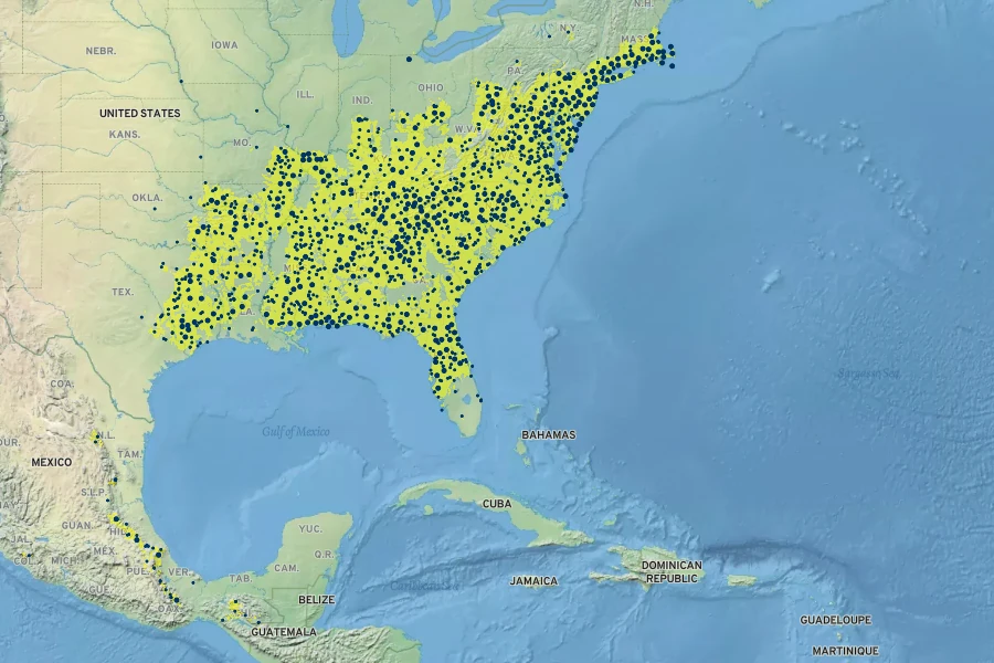 Smilax glauca Native Range