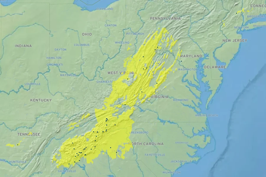 Solidago roanensis Native Range