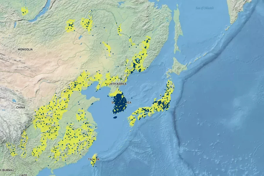 Sophora flavescens Native Range