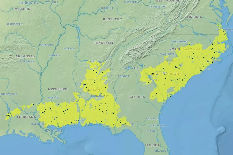 Stewartia malacodendron Native Range