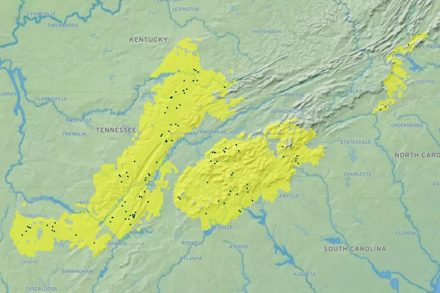 Stewartia ovata Native Range