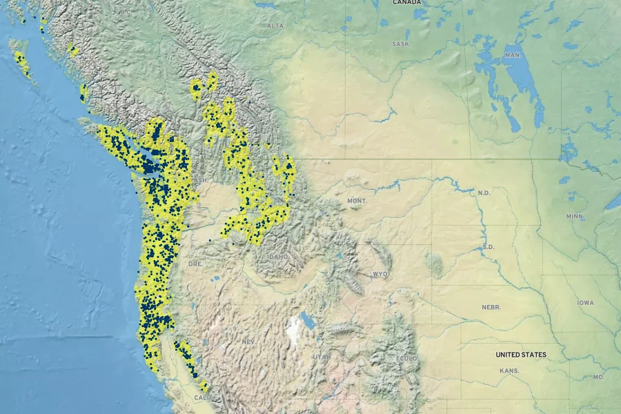 Taxus brevifolia Native Range