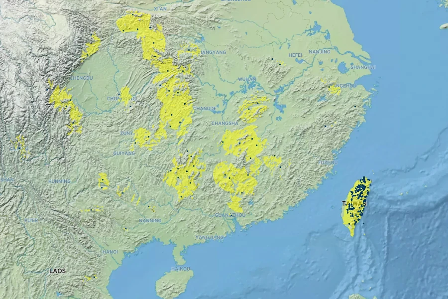 Tetrapanax papyrifer Native Range